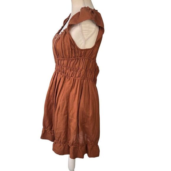 Anthropologie Smocked Waist Linen Blend Mini Dress Brown Size Large - Picture 2 of 7